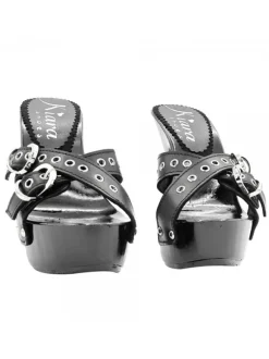 BLACK CLOGS WITH BRAIDED BANDS AND SILVER BUCKLES