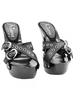 BLACK CLOGS WITH BRAIDED BANDS AND SILVER BUCKLES