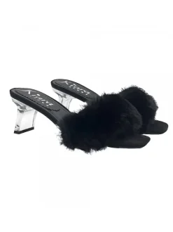 BLACK CLOGS WITH FUR AND TRANSPARENT HEEL
