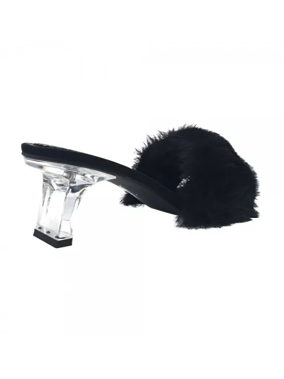 BLACK CLOGS WITH FUR AND TRANSPARENT HEEL