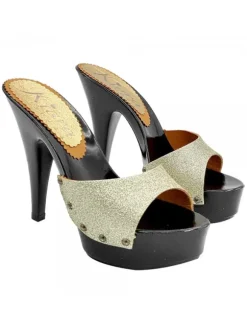 BLACK CLOGS WITH GLITTER GOLD BAND