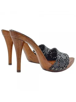 Black clogs with lasered leather band and heel 12