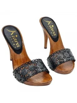 Black clogs with lasered leather band and heel 12