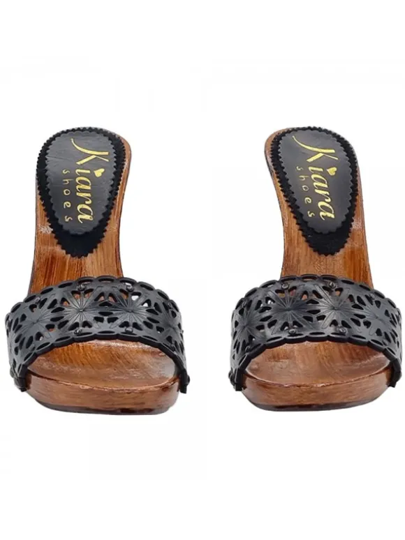 Black clogs with lasered leather band and heel 12