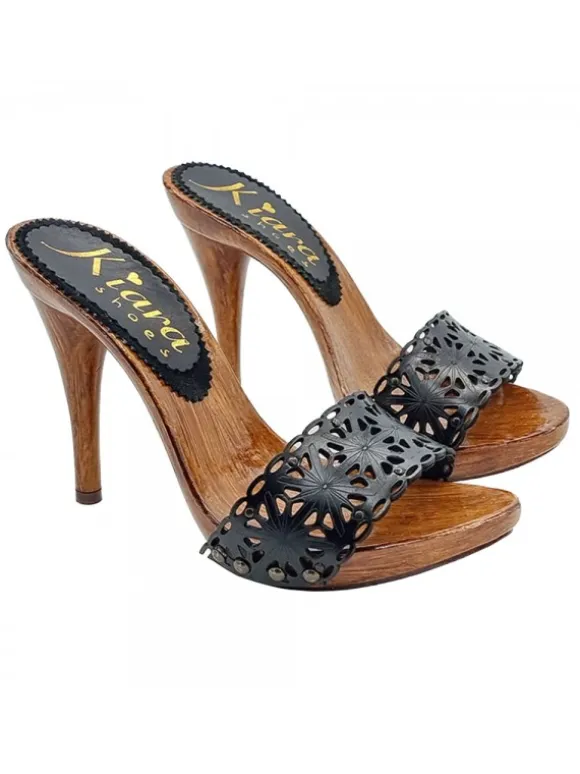 Black clogs with lasered leather band and heel 12