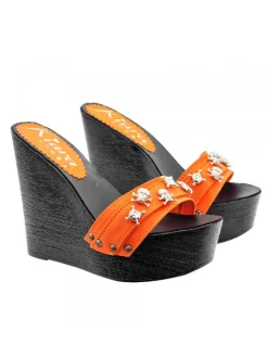 BLACK HALLOWEEN WEDGES WITH ORANGE UPPER WITH SKULLS