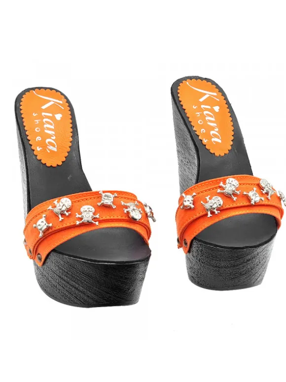 BLACK HALLOWEEN WEDGES WITH ORANGE UPPER WITH SKULLS