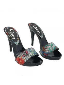 BLACK LACQUERED CLOGS UPPER FLORAL DECOR HEEL 12