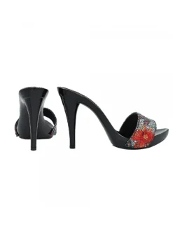 BLACK LACQUERED CLOGS UPPER FLORAL DECOR HEEL 12