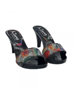 BLACK LACQUERED CLOGS WITH FLORAL DECORATION UPPER