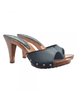 BLACK LEATHER CLOGS WITH COMFORTABLE HEEL