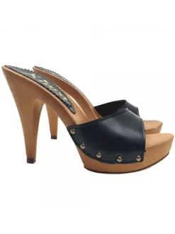 BLACK LEATHER CLOGS WITH HEEL 11