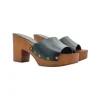 Black leather clogs with brown base and 9 cm heel