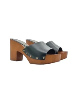 Black leather clogs with brown base and 9 cm heel