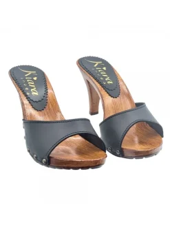 BLACK LEATHER CLOGS WITH COMFORTABLE HEEL