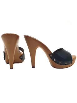 BLACK LEATHER CLOGS WITH HEEL 11