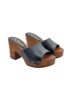 Black leather clogs with brown base and 9 cm heel