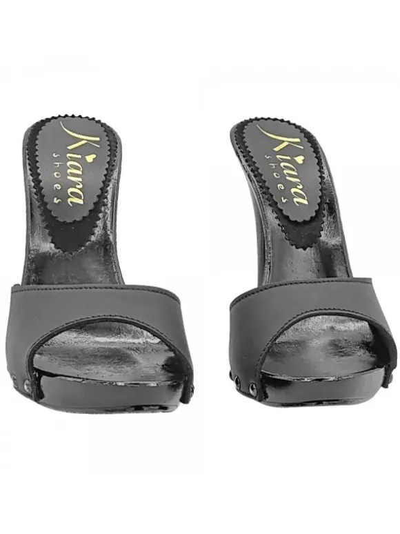 BLACK LEATHER CLOGS WITH HEEL 12