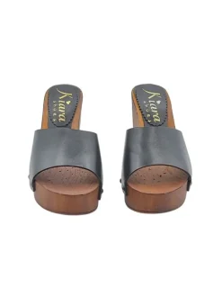 Black leather clogs with brown base and 9 cm heel