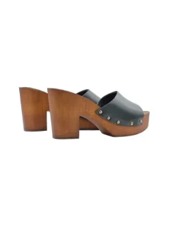 Black leather clogs with brown base and 9 cm heel