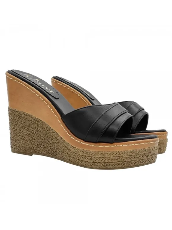 BLACK LEATHER WEDGE SANDALS WITH HEEL 11
