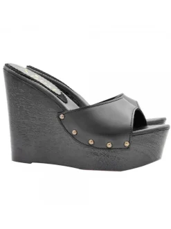 BLACK LEATHER WEDGE SANDALS WITH HEEL 13