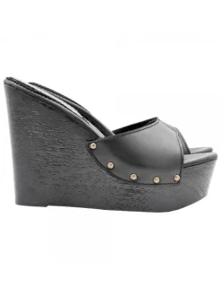 BLACK LEATHER WEDGE SANDALS WITH HEEL 13
