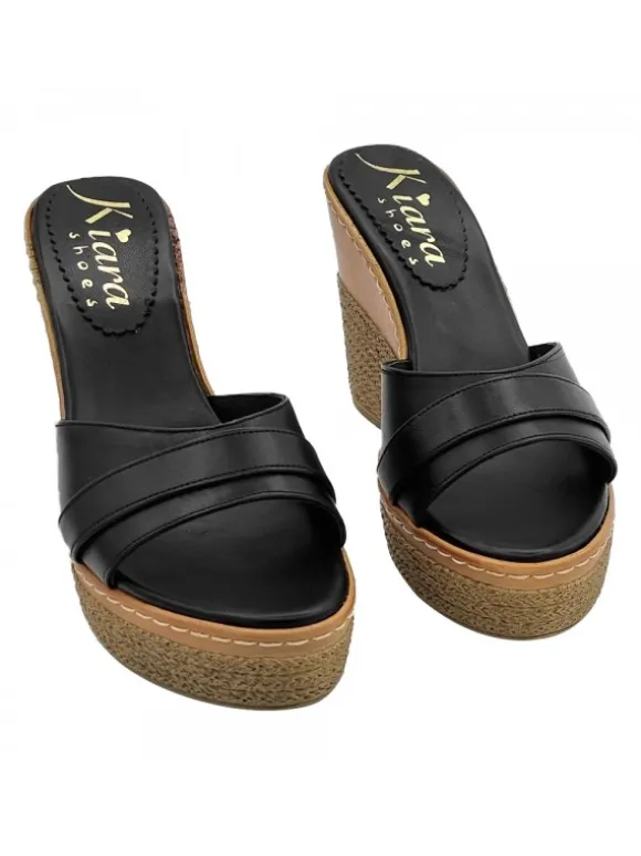 BLACK LEATHER WEDGE SANDALS WITH HEEL 11