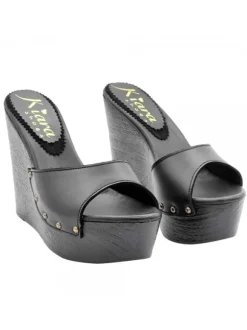 BLACK LEATHER WEDGE SANDALS WITH HEEL 13