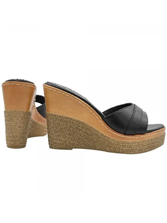 BLACK LEATHER WEDGE SANDALS WITH HEEL 11
