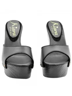 BLACK LEATHER WEDGE SANDALS WITH HEEL 13