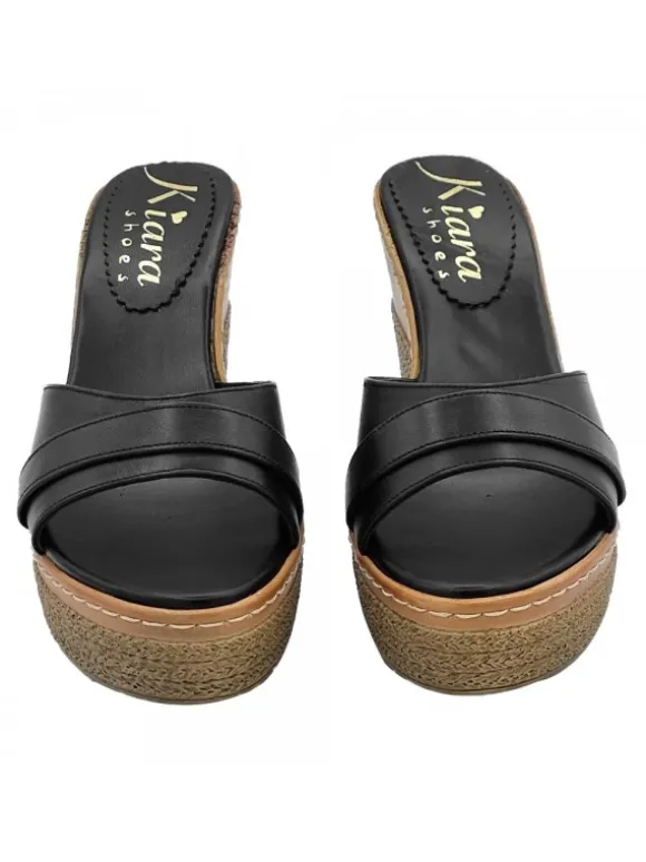 BLACK LEATHER WEDGE SANDALS WITH HEEL 11