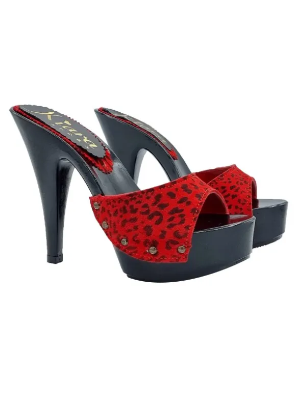 BLACK MULES WITH RED LEOPARD SUEDE BAND