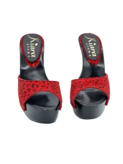 BLACK MULES WITH RED LEOPARD SUEDE BAND