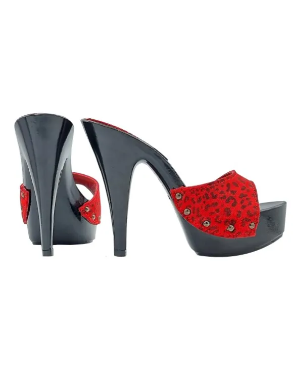 BLACK MULES WITH RED LEOPARD SUEDE BAND
