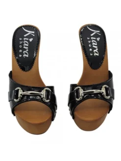BLACK PATENT CLOGS WITH ACCESSORY - Heel 13 cm