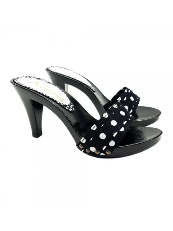 BLACK POLKA DOT CLOGS HEEL 9