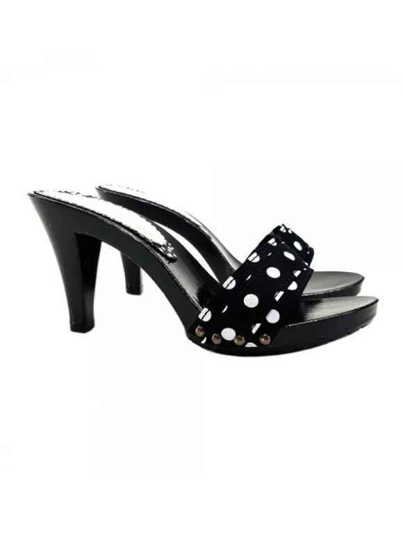 BLACK POLKA DOT CLOGS HEEL 9