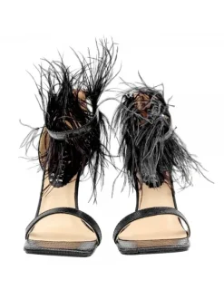 BLACK SANDALS WITH FEATHERS AND 10.5 CM HEEL