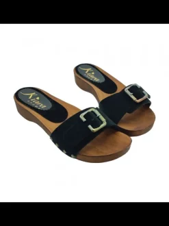 BLACK SUEDE LOW CLOGS & BUCKLE
