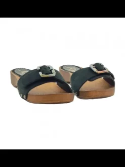 BLACK SUEDE LOW CLOGS & BUCKLE