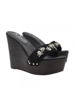 BLACK WEDGE WITH SILVER SKULLS