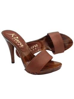 BROWN LEATHER CLOGS HEEL 12
