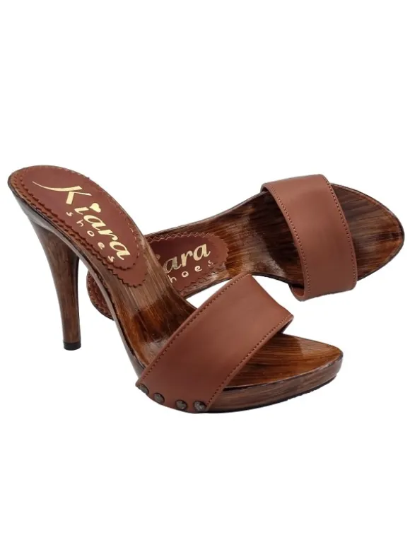 BROWN LEATHER CLOGS HEEL 12