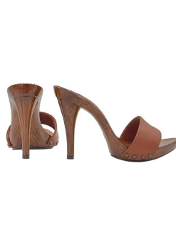 BROWN LEATHER CLOGS HEEL 12