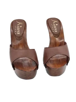 BROWN LEATHER CLOGS WITH HIGH HEEL