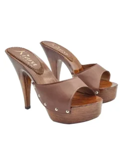 BROWN LEATHER CLOGS WITH HIGH HEEL