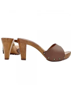 BROWN LEATHER CLOGS WITH HEEL 8