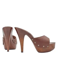 BROWN LEATHER CLOGS WITH HIGH HEEL