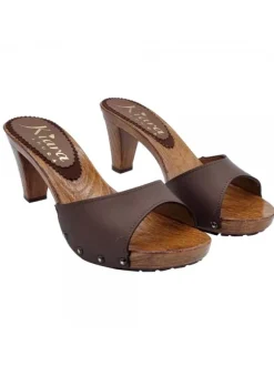 BROWN LEATHER CLOGS WITH HEEL 8